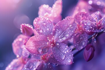Macro photo of delicate purple flowers with water drops, selective focus - Powered by Adobe