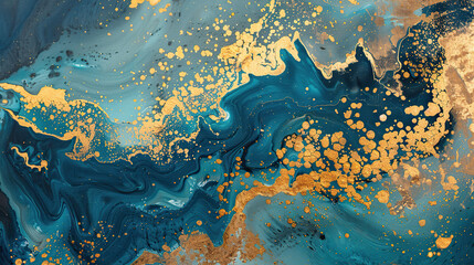 A painting of a blue ocean with gold specks. The painting has a calming and serene mood, with the blue and gold colors blending together to create a peaceful atmosphere - obrazy, fototapety, plakaty