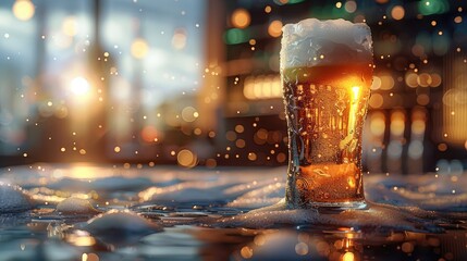 Cold beer, Cold glasses of beer in a bar. Generative AI.