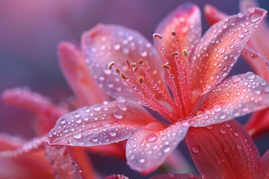 Pink lily with water drops, macro photo