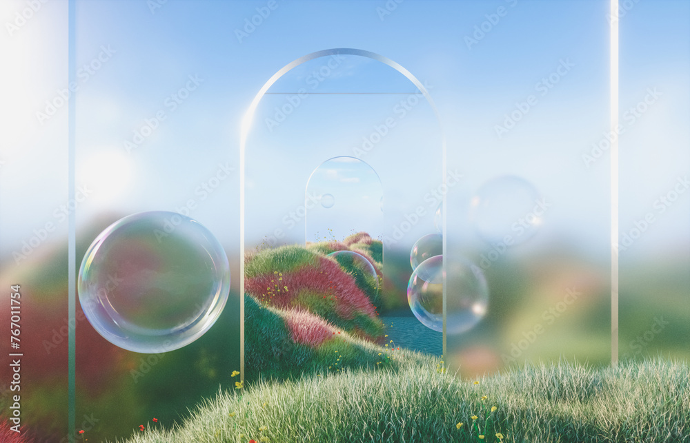 Aufkleber abstract spring flower landscape scene with water bubble. 3d rendering.