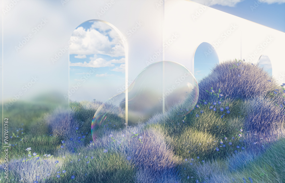 Poster abstract spring flower landscape scene with water bubble. 3d rendering.
