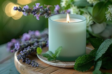 Obraz na płótnie Canvas Candle: Scented candle white candle with green label Side angle product photography shot wooden table and plants background Studio lighting, soft shadows Close-up shot lavender and mint leaves around
