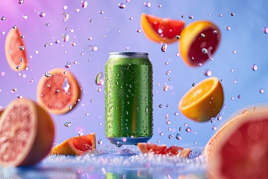 Soft drink can, 375ml, green body can, red end, Frontal product photography shot. sunny blue and white background. vibrant purple colors. Studio lighting, high contrast. Side lighting enhances