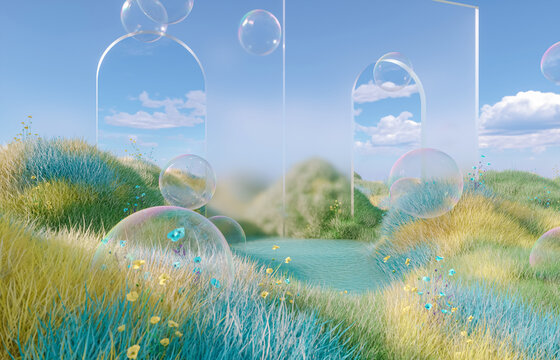 Abstract spring flower landscape scene with water bubble. 3d rendering.