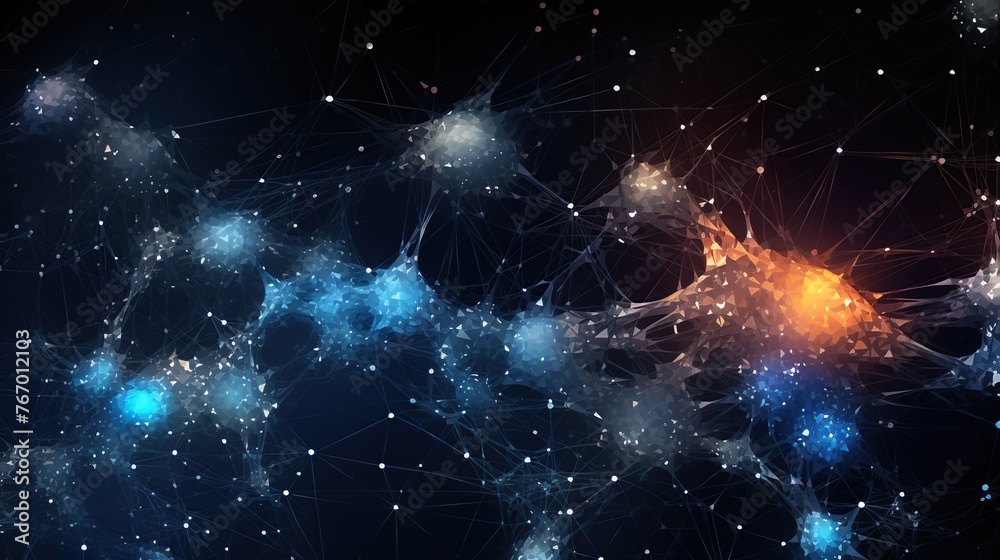 Poster evoking a sense of a digital nebula, this image with interconnected nodes and vibrant clusters is sy