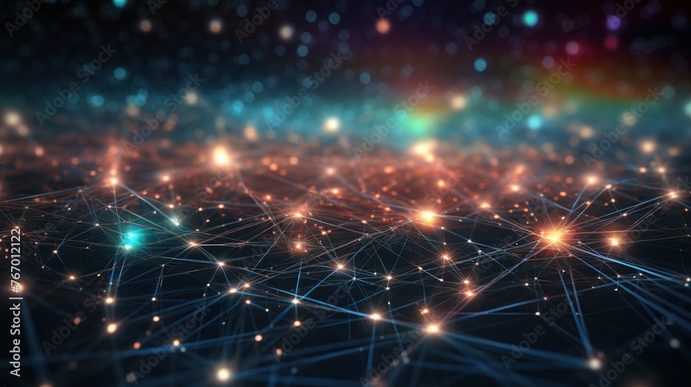 Poster a vibrant display of a neural network with multicolored nodes, symbolizing the spectrum of digital c