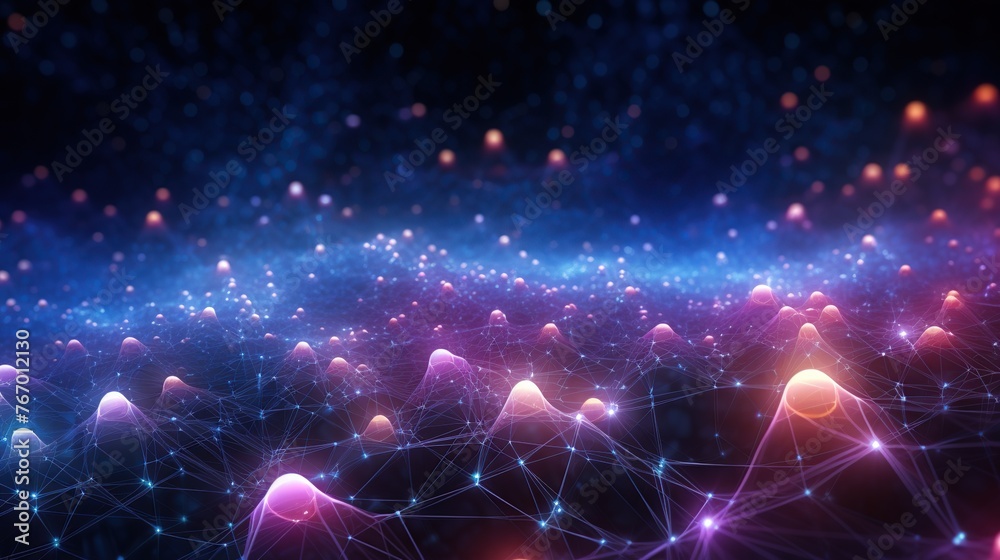 Poster illustrating a network of glowing synaptic peaks in a cosmic setting, this image evokes the complexi
