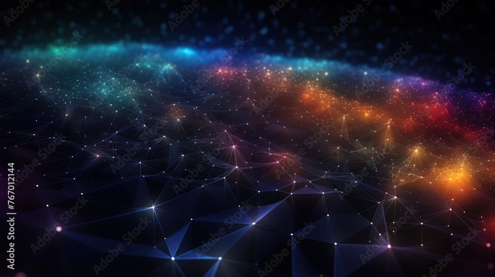Poster depicting a digital horizon, this image merges gradients of cyber hues into a network-like pattern, 