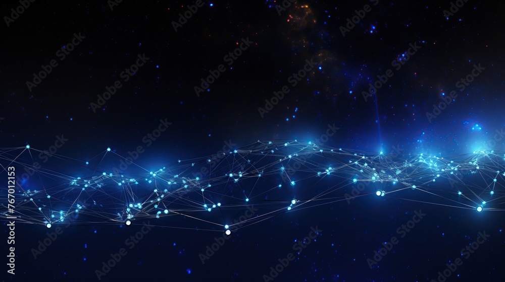 Poster this dynamic digital visualization of interconnected nodes against the backdrop of space represents 
