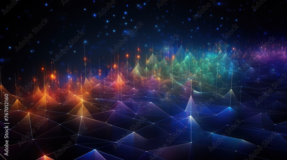 Poster the image captures a network of light connections with a prismatic effect creating a colorful synthe
