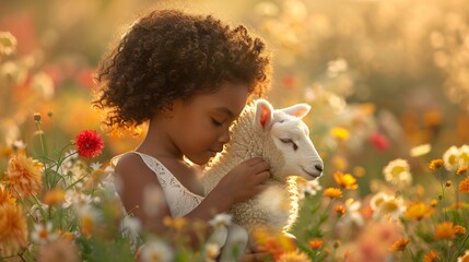 a girl holding a lamb in a field of flowers