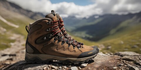 Worn Hiking Boots Resting on a Rocky Mountain Trail