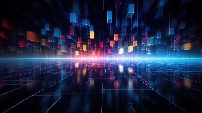 A digital horizon where multicolored cubes soar, creating a sense of emerging opportunities in technology, suited for dynamic data visualization or tech startups, with no specific place for text.