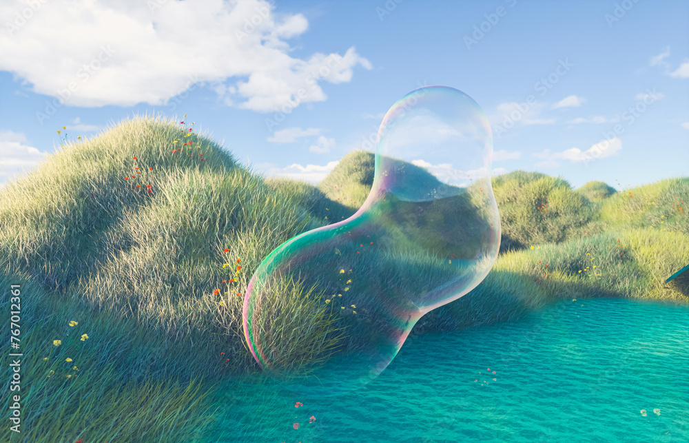 Poster abstract spring flower landscape scene with water bubble. 3d rendering.