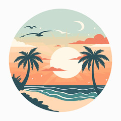 Fototapeta na wymiar Beach and palm trees on the background of the sunset. Vector illustration.