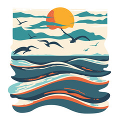 Seascape with seagulls. Vector illustration in retro style