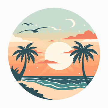 Beach and palm trees on the background of the sunset. Vector illustration.