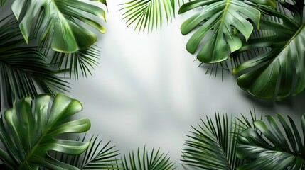 Top of white table with palm leaves. Generative AI.
