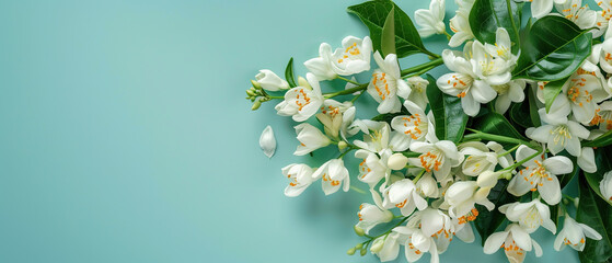 A bouquet of white flowers is displayed on a blue background. The flowers are arranged in a way that they are not overlapping each other, and they are all facing the same direction