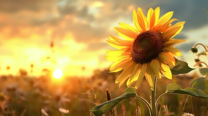 Golden Glow: Sunflower Blooming in Meadow Under Setting Sun's Radiance