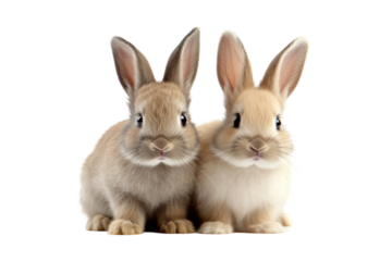 Two Rabbits Sitting Next to Each Other. On a Clear PNG or White Background.