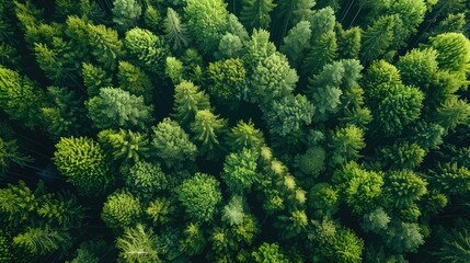 Aerial Perspective of Sustainable Forest - Emission Reduction and Environmental Care - Drone Shot with Mountain and Tree Pattern 

 - obrazy, fototapety, plakaty