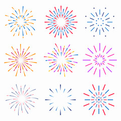 Set of isolated holiday fireworks on a white background. Flat vector illustration