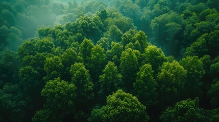 Naklejka na ściany i meble Summer Day Aerial View of Dense Forest - Earth's Natural Ecosystem - Drone Shot with Fresh Green Foliage and Woodland Texture 