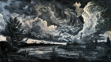 Unusual Elements: Surreal Storm with Rain, Hail Illustrated on Scratchboard