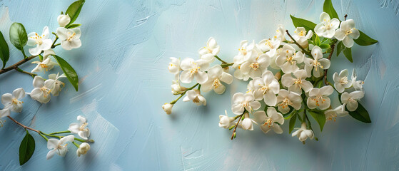 A blue background with white flowers on it. The flowers are white and are scattered throughout the image