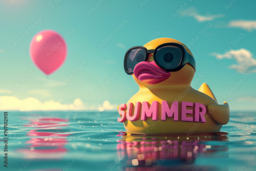 Wall mural yellow rubber duck in blue swimming pool. summer poster