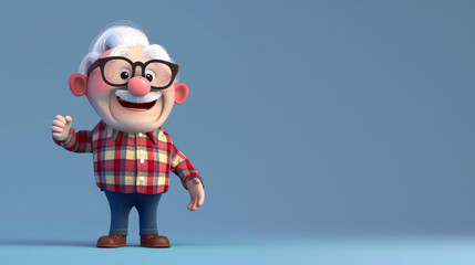 Cheerful elderly man with glasses and a plaid shirt. He has a warm smile on his face and is gesturing with his hands. - obrazy, fototapety, plakaty