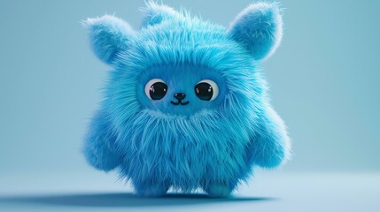 3D rendering of a cute and fluffy blue creature with big eyes and a friendly smile. - obrazy, fototapety, plakaty