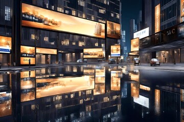 3D Rendering of billboards and advertisement signs at modern buildings in capital city with light reflection from puddles on street. Concept for night life, never sleep business district center - Powered by Adobe