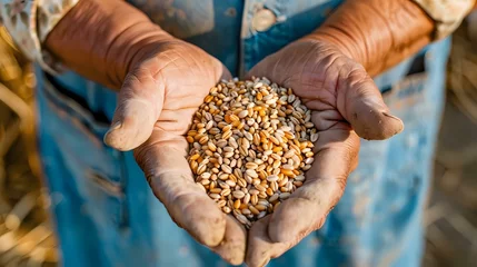 Tuinposter Agricultural Focus: Farmer's Hands Holding Wheat Grains in Detailed View © Abbassi