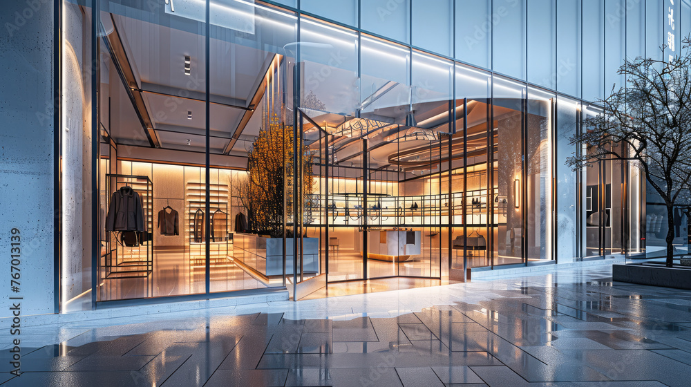 Poster fashion storefront, the storefront features a modern design with a minimalist entrance. generative a