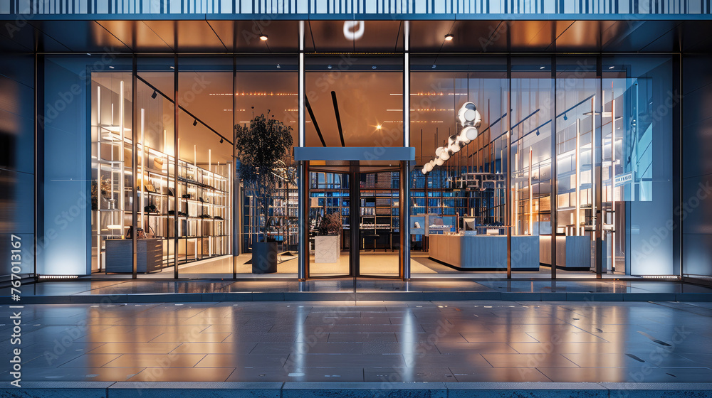 Poster fashion storefront, the storefront features a modern design with a minimalist entrance. generative a