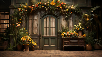 Fototapeta na wymiar Blooming Serenity: A Rustic Wooden Door Framed by Vibrant Flowers, Inviting Tranquility and Charm into the Scene, a Captivating Fusion of Nature and Architecture.