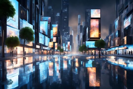 Fototapeta 3D Rendering of billboards and advertisement signs at modern buildings in capital city with light reflection from puddles on street. Concept for night life, never sleep business district center