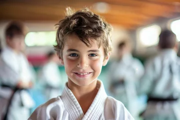 Fototapeten A joyful European boy in a martial arts uniform looks at the camera during a Judo or Karate class © PhotoPhantom