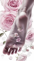 A womans foot stepping on delicate pink roses, showcasing a contrast between soft petals and firm skin The concept of well-groomed silky foot skin.