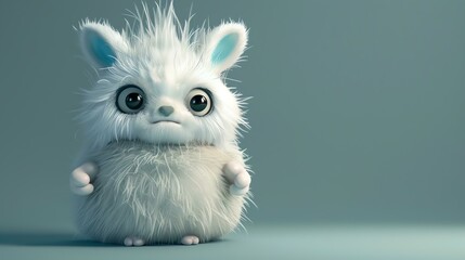 3D rendering of a cute and fluffy white creature with blue ears and big eyes. It has a curious expression on its face and is looking at the camera.