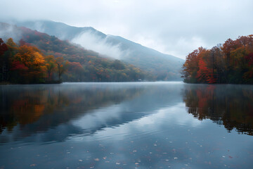 Fototapeta premium A serene lake surrounded by autumn foliage and misty mountains: Capturing the beauty of nature during fall season. 