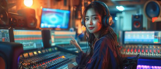 Korean woman working at radio station. Generative AI. - obrazy, fototapety, plakaty