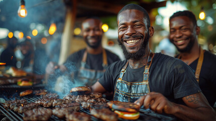 A black man with a beard, grilling burgers on a grill, happy smiling, a group of black men with beards around him - obrazy, fototapety, plakaty