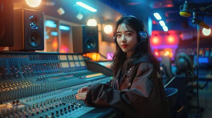 Korean woman working at radio station. Generative AI. - obrazy, fototapety, plakaty
