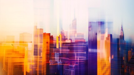 gradient skyline of a metropolis during early morning light double exposure watercolor graphic design asset wallpaper - obrazy, fototapety, plakaty