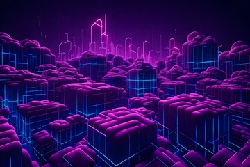 Neon glowing cube lines and fluffy twilight clouds on a dark background. Creative concept of cloud storage, cloudware, Internet services. Abstract wallpaper. Generative AI 3d render illustration