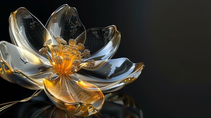 3D rendering of a beautiful flower made of glass with a golden pistil.